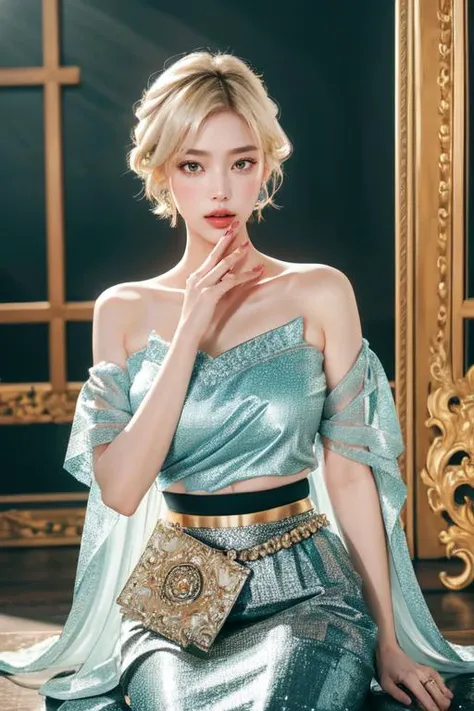 highly insanely detailed, masterpiece, top quality, best quality, highres, 4k, 8k, RAW photo, (very aesthetic, beautiful and aesthetic), thai dress, sitting, large breasts, ring, hair, short hair,silver blonde hair, french twist hair, water, long skirt, own hands together, open mouth, (amber eyes), armlet, <lora:ThaiClothes-10:0.7>