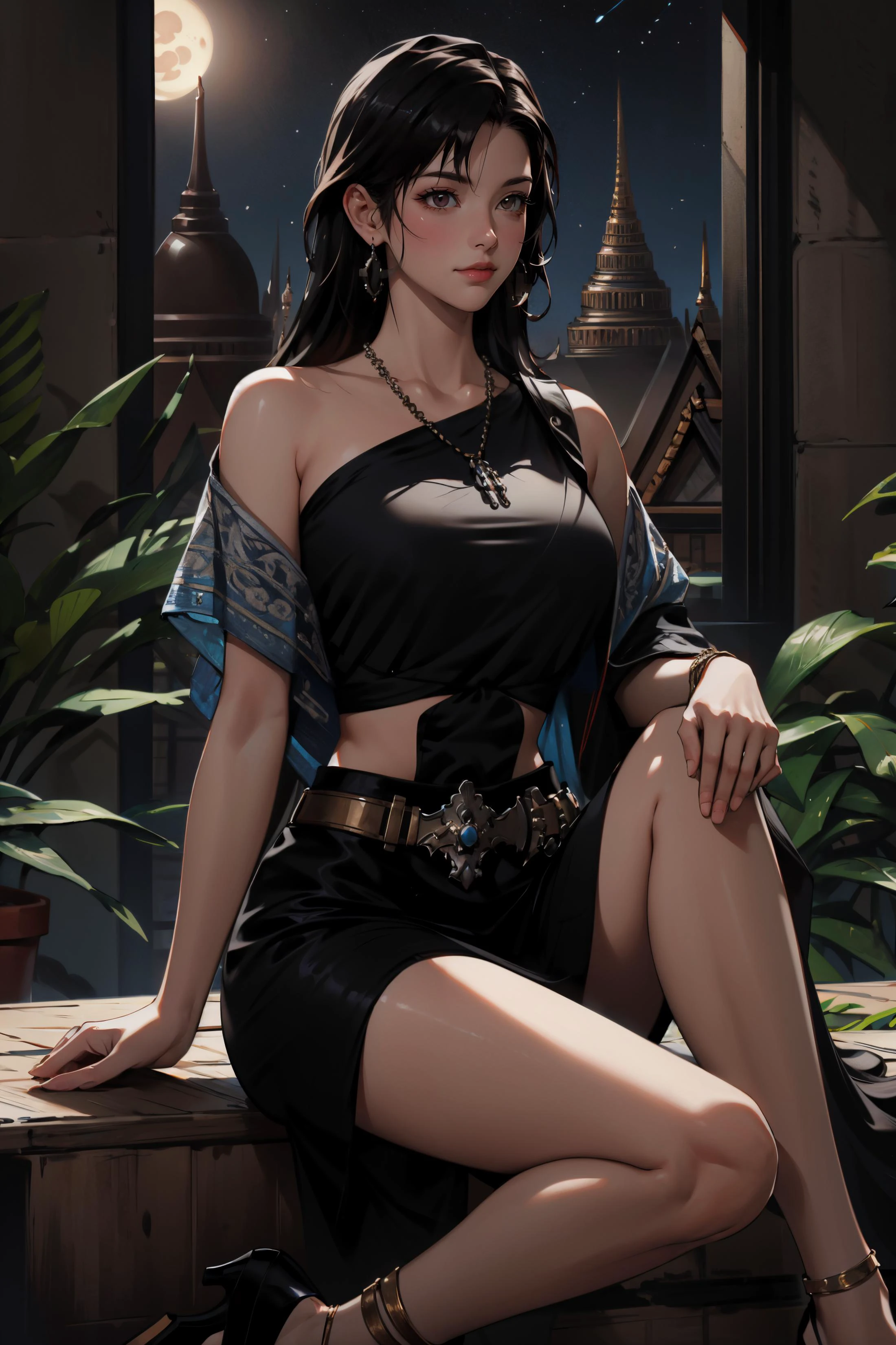 masterpiece,best quality,perfect face,intricate,beautiful scenery,ultra realistic 8k CG,perfect artwork,1girl,final fantasy vii,tifa lockhart,large breasts,black hair,beautiful body,narrow waist,beautiful legs,highheels,indoor,night time,sitting,closed mouth,looking away BREAK
defTifa,<lora:tifa-nvwls-v2:0.4> BREAK
jewelry,necklase,earing,thai dress,<lora:ThaiClothes:1>,