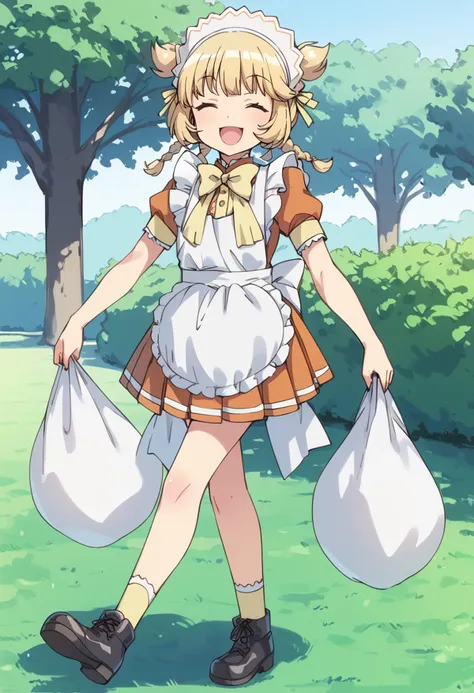 score_9, score_8_up, score_7_up, source_anime, BREAK
fong pudding, waitress, 1girl, solo, maid, closed eyes, blonde hair, twin braids, open mouth, maid headdress, smile, socks, :3, short hair, standing, frills, puffy short sleeves, walking, tree, black footwear, outdoors, yellow bow, grass, maid apron, bag, yellow neckwear, :d, facing viewer, happy, bangs, ^ ^, day, white apron, twintails, full body, nature, frilled apron, miniskirt, eyebrows visible through hair, sack, pointy hair, pleated skirt, long hair, brown dress, yellow ribbon, headdress, short dress, boots, yellow legwear, hair ribbon, bush, brown hair, orange dress, enmaided, white legwear, legs, crossed legs, two side up, holding bag, yellow bowtie
<lora:mew_pudding_fong_pudding_sdxl_locon_pony_v1:0.7>