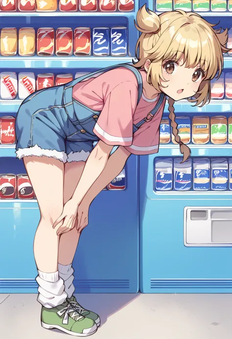 score_9, score_8_up, score_7_up, source_anime, BREAK
fong pudding, 1girl, solo, vending machine, brown eyes, blonde hair, overalls, short hair, open mouth, hands on own knees, shoes, leaning forward, two side up, twin braids, loose socks, short twintails, brown hair, :o, pink shirt, twintails, white legwear, single braid, shorts, can, long hair, light brown hair, casual, hand on own knee, from side, eyelashes, soda can, short sleeves, legs, child, eyebrows visible through hair, blue skirt, looking at viewer, bangs, denim, overall skirt, suspenders, side ponytail, white socks, one side up, full body, overall shorts, green footwear
<lora:mew_pudding_fong_pudding_sdxl_locon_pony_v1:0.7>