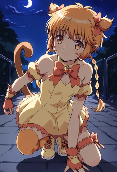 score_9, score_8_up, score_7_up, source_anime, BREAK
mew pudding, 1girl, one knee, kneeling, blonde hair, brown eyes, twin braids, brown hair, smile, twintails, yellow eyes, solo, fingerless gloves, bare shoulders, short hair, cross-laced footwear, puffy detached sleeves, skirt, full body, night, :3, orange hair, garters, monkey tail, monkey ears, brooch, two side up, detached sleeves, red bow, thighhighs, looking at viewer, hair bow, thigh strap, leg garter, hair ribbon, yellow collar, shadow, bowtie, orange eyes, yellow dress, standing, two-tone hair, wrist cuffs, closed mouth, bridal garter, on one knee, red gloves, puffy short sleeves, orange gloves, yellow leotard, ankle lace-up, footwear ribbon, orange legwear, socks, yellow footwear, shoes,
<lora:mew_pudding_fong_pudding_sdxl_locon_pony_v1:0.7>