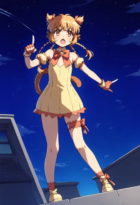 score_9, score_8_up, score_7_up, source_anime, BREAK
mew pudding, 1girl, solo, tail, pointing, fingerless gloves, twin braids, night, open mouth, long hair, brown eyes, star \(sky\), night sky, blonde hair, starry sky, brown hair, twintails, full body, standing, orange eyes, red bow, thigh strap, garters, skirt, outdoors, yellow eyes, two-tone hair, angry, yellow dress, looking at viewer, pointing at viewer, short dress, ankle lace-up, bowtie, leg garter, bare shoulders, orange hair, monkey tail, monkey ears, two side up, red gloves, cloud, :o, short hair, brooch, arm garter, flat chest, v-shaped eyebrows, sleeveless dress, choker, index finger raised, red neckwear, socks, blush, clenched hand, ankle lace-up, footwear ribbon, orange legwear, socks, yellow footwear, shoes, rooftop, hair ribbon, kneehighs, eyebrows visible through hair, outstretched arm, legs apart, dutch angle, red ribbon, hair cones, multi-tied hair, bangs, bridal garter, puffy detached sleeves, detached sleeves, puffy sleeves, orange gloves, pointing forward
<lora:mew_pudding_fong_pudding_sdxl_locon_pony_v1:0.7>