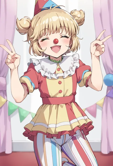 score_9, score_8_up, score_7_up, source_anime, BREAK
fong pudding, 1girl, solo, v, blonde hair, clown, closed eyes, clown nose, open mouth, short hair, smile, jester cap, :3, pajamas, dancing, eyebrows visible through hair, red nose, ^ ^, bangs, arms up, :d, vertical stripes, multicolored, jester, multicolored clothes, blurry background, circus, pose, double bun, frills, arm up, two side up, party hat, vertical-striped pants, facing viewer, anime coloring, happy, puffy short sleeves, twintails, short twintails, standing, flat chest, crossover, frilled sleeves, hair ornament, depth of field, light brown hair, neck ruff, looking at viewer, cowboy shot, hair cones, child, curtains, shirt, medium hair, indoors, long sleeves, dress, antenna hair, white pants, brown hair, stage, standing on one leg, asymmetrical legwear, striped pants, blush, double v, striped clothes, vertical-striped clothes
<lora:mew_pudding_fong_pudding_sdxl_locon_pony_v1:0.7>