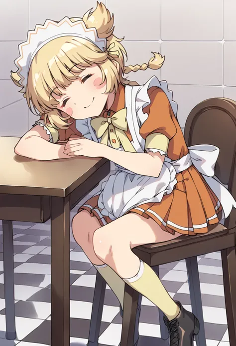 score_9, score_8_up, score_7_up, source_anime, BREAK
fong pudding, waitress, 1girl, maid, blonde hair, :3, = =, sitting, maid headdress, apron, closed eyes, solo, twin braids, long sleeves, short hair, table, waving, ribbon, white shirt, chair, twintails, indoors, smile, solo, blush, maid apron, tray, yellow neckwear, skirt, sleeping, headdress, desk, yellow bow, tiles, puffy short sleeves, frills, bangs, stool, eyebrows visible through hair, brown footwear, tile floor, on chair, gainaxtop, hair flaps, dress shirt, orange dress, closed mouth, yellow bowtie, hand up, back bow,  pleated dress, collared shirt, facing viewer, checkered floor, blush stickers, enmaided, yellow socks, black footwear, boots,
<lora:mew_pudding_fong_pudding_sdxl_locon_pony_v1:0.7>