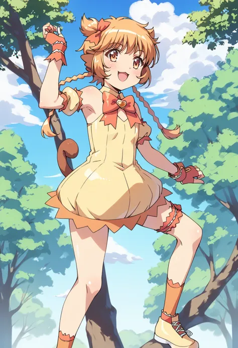 score_9, score_8_up, score_7_up, source_anime, BREAK
on tree, Standing on a tree branch, BREAK
mew pudding, 1girl, solo, tail, open mouth, twin braids, blonde hair, long hair, brown eyes, bare shoulders, day, twintails, hair bow, outdoors, yellow eyes, orange eyes, cloud, eyebrows visible through hair, puffy detached sleeves, yellow dress, wrist cuffs, flat chest, brown hair, :o, smile, shiny hair, detached sleeves, monkey tail, monkey ears, hair ribbon, orange hair, eyelashes, red bow, orange bow, short hair, arm garter, tree, bowtie, hair ornament, armlet, light brown hair, bangs, blush, orange choker, blue sky, depth of field, puffy short sleeves, brooch, anime coloring, breasts, orange gloves, fingerless gloves, wrist cuffs, yellow choker, armband, sleeveless dress, red neckwear, short twintails, strapless dress, armpits, two side up, bridal garter, ankle lace-up, footwear ribbon, orange legwear, socks, yellow footwear, shoes,
<lora:mew_pudding_fong_pudding_sdxl_locon_pony_v1:0.7>