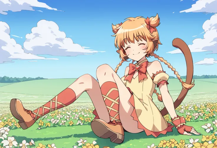 score_9, score_8_up, score_7_up, source_anime, BREAK
mew pudding, 1girl, solo, closed eyes, tail, blonde hair, fingerless gloves, smile, twin braids, twintails, field, flower field, long hair, cross-laced footwear, outstretched arms, bowtie, red bow, bare shoulders, short hair, ribbon, hair ornament, yellow dress, spread arms, eyebrows visible through hair, closed mouth, sleeveless dress, monkey tail, monkey ears, two side up, shoes, flat chest, brown hair, socks, detached sleeves, red gloves, brooch, skirt, red neckwear, arm garter, full body, orange hair, blue sky, cloudy sky, frills, footwear ribbon, detached collar, kneehighs, bangs, yellow flower, wrist cuffs, red legwear, armband, blush, happy, ankle lace-up, puffy detached sleeves, sitting, short dress, orange gloves, puffy short sleeves, outdoors,
<lora:mew_pudding_fong_pudding_sdxl_locon_pony_v1:0.7>