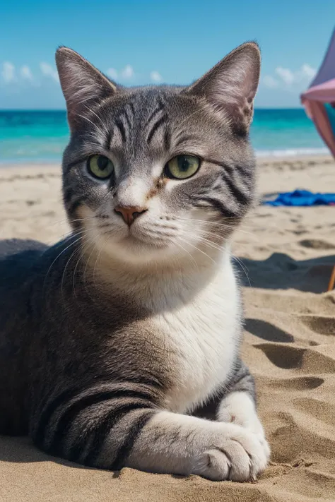 Beautiful Cat, at the beach on a sunny day, resting and relaxing, Photorealistic, Ultra Detailed, Intricate Detail, 8k, Super Detailed, Volumetric, HDR, Realistic, Unreal Engine, 16k, (((Clear Focus))), Octan render, Highest Quality, RAW Photo, Cinematic Composition, Ultra Real <lora:Celeste - SD15:0.8>, <lora:add_detail:0.5>