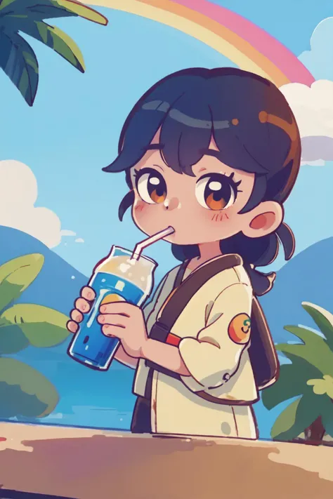 1girl, cute, (drinking:1.1) boba from straw, \(rainbow\), outdoors, <lora:marikyuun:0.8> marikyuun, kawaii