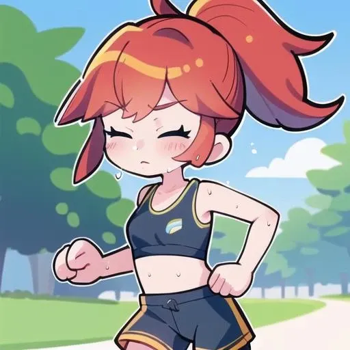 masterpiece, best quality, marikyuun, 1girl, tanned skin, red hair, ponytail, tired, sweating, sweat drops, closed eyes, unhappy, black sport bra, black short shorts, running, outdoor, park, trees, <lora:marikyuun-20:0.8>