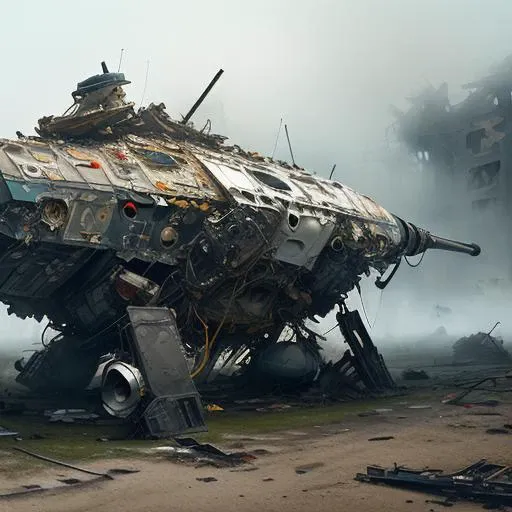((masterpiece)), ((detailed)), ((best quality)), (Elegant), ((Unforgettable)), ((Vibrant)), (ruins of a crashed spacecraft:1.5), Magic, Enchanted, Graffiti artwork, Spray paint art, Sideways light, Lateral illumination, Cross-lighting, Long focal length lens, Compressed perspective, (art by Jakub_Rozalski)