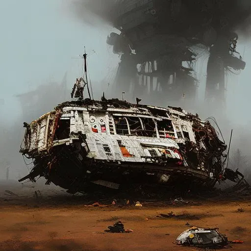 ((masterpiece)), ((detailed)), ((best quality)), (Elegant), ((Unforgettable)), ((Vibrant)), (ruins of a crashed spacecraft:1.5), Magic, Enchanted, Graffiti artwork, Spray paint art, Sideways light, Lateral illumination, Cross-lighting, Long focal length lens, Compressed perspective, (art by Jakub_Rozalski)