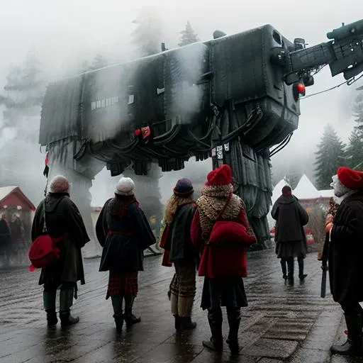 (RAW photo:1.2), people at a christmas market, 8k uhd, dslr, soft lighting, highest quality, film grain, Fujifilm XT3, (Jakub_Rozalski:1.2)