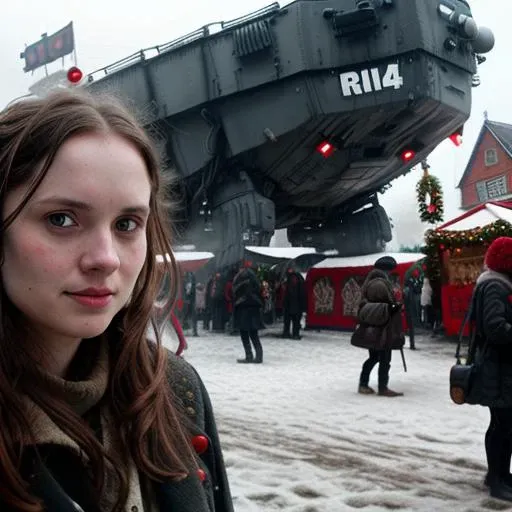 (RAW photo:1.2), a photo of 26 y.o (very beautiful:1.2) woman, long haircut, pale skin, slim body, background is christmas market, (high detailed skin:1.2), (high detailed eyes:1.2), 8k uhd, dslr, soft lighting, highest quality, film grain, Fujifilm XT3, (Jakub_Rozalski:1.2)