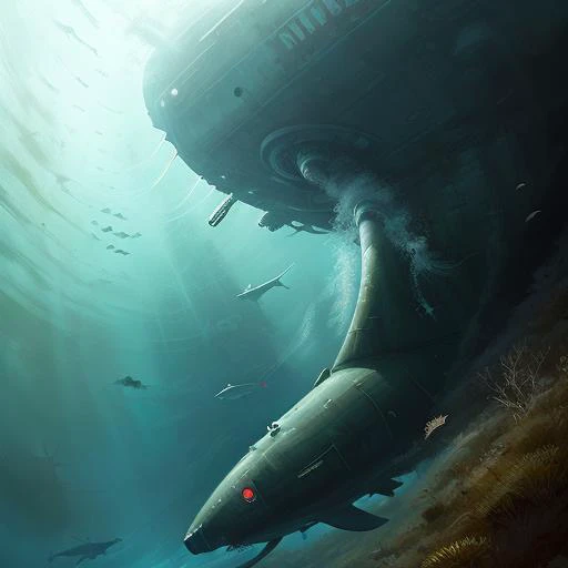 ((best quality)), ((masterpiece)), ((realistic)), (detailed), (underwater scene), a (submarine firing a torpedo), absurdres, HDR, art by Jakub_Rozalski