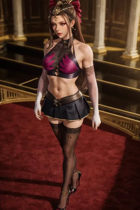 highres,absurdres,masterpiece,best quality,original,extremely detailed CG,extremely detailed wallpaper,perfect lighting,(standing on the stage),looking at viewer,1girl,blurry background,bare hands,from above,
<lora:SYJXJjunjiu:0.7>,SYJXJjunjiu,thighhighs,brown hair,skirt,long hair,ribbon,navel,elbow gloves,crop top,headgear,bow,makeup,mature female,<lora:GoodHands-beta2:1>,