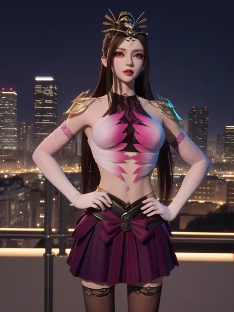 SYJXJjunjiu, 1girl, solo, thighhighs, brown hair, skirt, long hair,ribbon,navel,elbow gloves,crop top,headgear,bow,makeup, <lora:SYJXJjunjiu:0.75>,cityscape, night, looking at viewer, mature female, hand on hip,