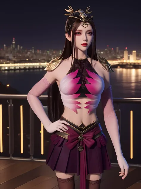 SYJXJjunjiu, 1girl, solo, thighhighs, brown hair, skirt, long hair,ribbon,navel,elbow gloves,crop top,headgear,bow,makeup, <lora:SYJXJjunjiu:0.75>,cityscape, night, looking at viewer, mature female, hand on hip,