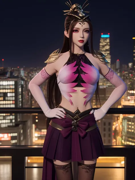 WZRYwangzhaojunOXGS, 1girl, solo, elbow gloves, thighhighs, dress, long hair, purple hair, red eyes,bare shoulders, looking at viewer,hair flower, hat, <lora:WZRYwangzhaojunOXGS:0.75>,cityscape, night, mature female, hand on hip, light smile, window, cowboy shot,