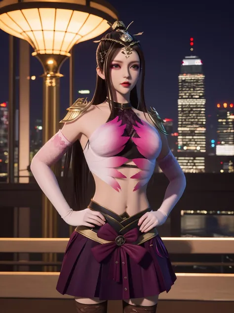 SYJXJjunjiu, 1girl, solo, thighhighs, brown hair, skirt, long hair,ribbon,navel,elbow gloves,crop top,headgear,bow,makeup, <lora:SYJXJjunjiu:0.75>,cityscape, night, looking at viewer, mature female, hand on hip,