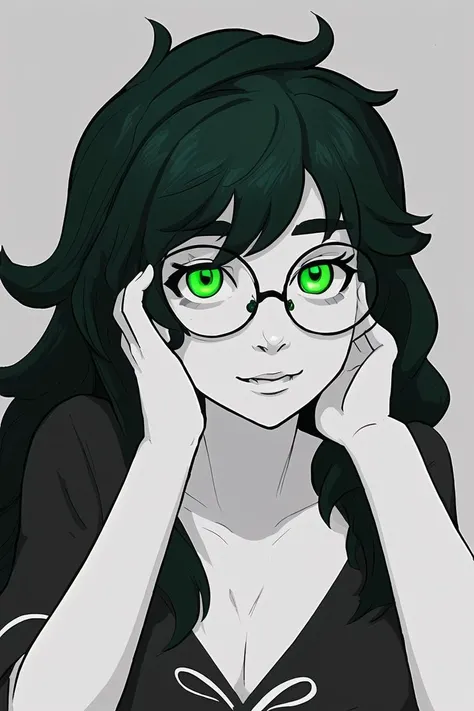 best quality, afterglow, 4k, ((masterpiece)), extremely detailed, 8k, trending on ArtStation, Intricate, High Detail, Sharp focus, (1girl), MindwipeJade  <lora:MindwipeJade:0.7>, Jade Harley, ((white skin)), ((black hair)), (long hair), (round glasses), (green eyes)