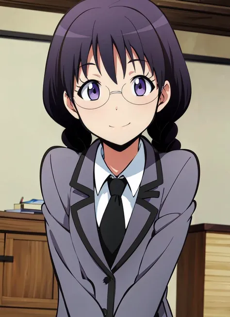 ((best quality)), ((highly detailed)), extremely detailed face, beautiful face, , (1girl), (solo), depth of field, upper body, <lora:ManamiOkudaR4:.9>, ManamiOkudaR4, black hair, purple eyes, glasses, medium breasts, smiling, school uniform, grey jacket, blazer, white collared shirt, black necktie, grey skirt, pleated skirt, black kneehighs, black loafers, (inside, in an office, desk)