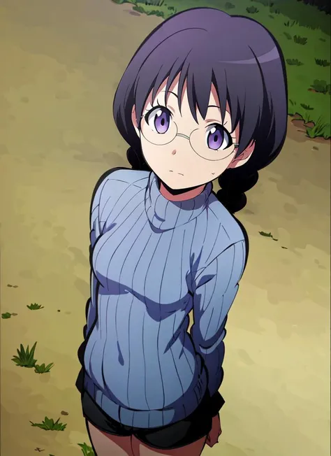 ((best quality)), ((highly detailed)), extremely detailed face, beautiful face, , (1girl), (solo), straight-on, cowboy shot, (((wide shot))), <lora:ManamiOkudaR4:1>, ManamiOkudaR4, black hair, purple eyes, glasses, medium breasts, sweater, ribbed sweater, long sleeves, shorts, flats, (outdoors, at a field, noon)