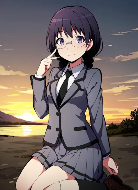 ((best quality)), ((highly detailed)), masterpiece, , (1girl), (solo), kneeling, <lora:ManamiOkudaR4:.8>, ManamiOkudaR4, black hair, purple eyes, glasses, medium breasts, smiling, school uniform, grey jacket, blazer, white collared shirt, black necktie, grey skirt, pleated skirt, black kneehighs, black loafers, (outside, at a glacier, sunset)