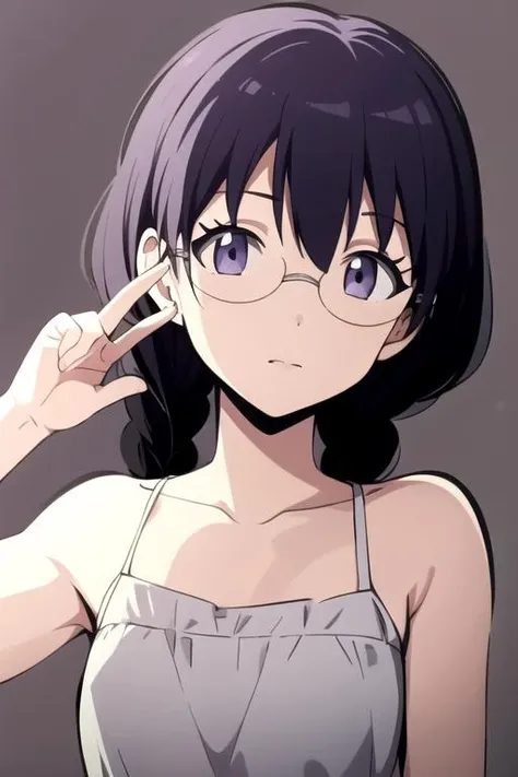 masterpiece, best quality, ultra high res, 1girl,<lora:ManamiOkudaR4:0.8>,ManamiOkudaR4,black hair, purple eyes, simple background,glasses