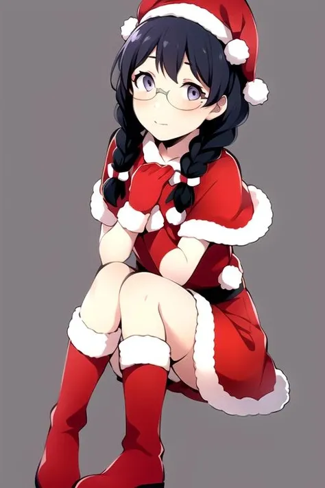 masterpiece, best quality, ultra high res, 1girl,<lora:ManamiOkudaR4:0.8>,ManamiOkudaR4,black hair, purple eyes,antlers, bell, , braid, capelet, christmas, christmas_ornaments, christmas_tree, fur-trimmed_boots, fur-trimmed_capelet, fur-trimmed_dress, fur-trimmed_gloves, fur-trimmed_headwear, fur-trimmed_legwear, fur-trimmed_skirt, fur_trim, glasses, gloves, hat, holly, jimiko, long_hair, looking_at_viewer, merry_christmas, pom_pom_\(clothes\), red_capelet, red_footwear, red_gloves, red_headwear, red_legwear, reindeer_antlers, reindeer_costume, sack, santa_boots, santa_costume, santa_dress, santa_gloves, santa_hat, simple_background, sitting, solo, thighhighs, twin_braids, white_background, white_gloves