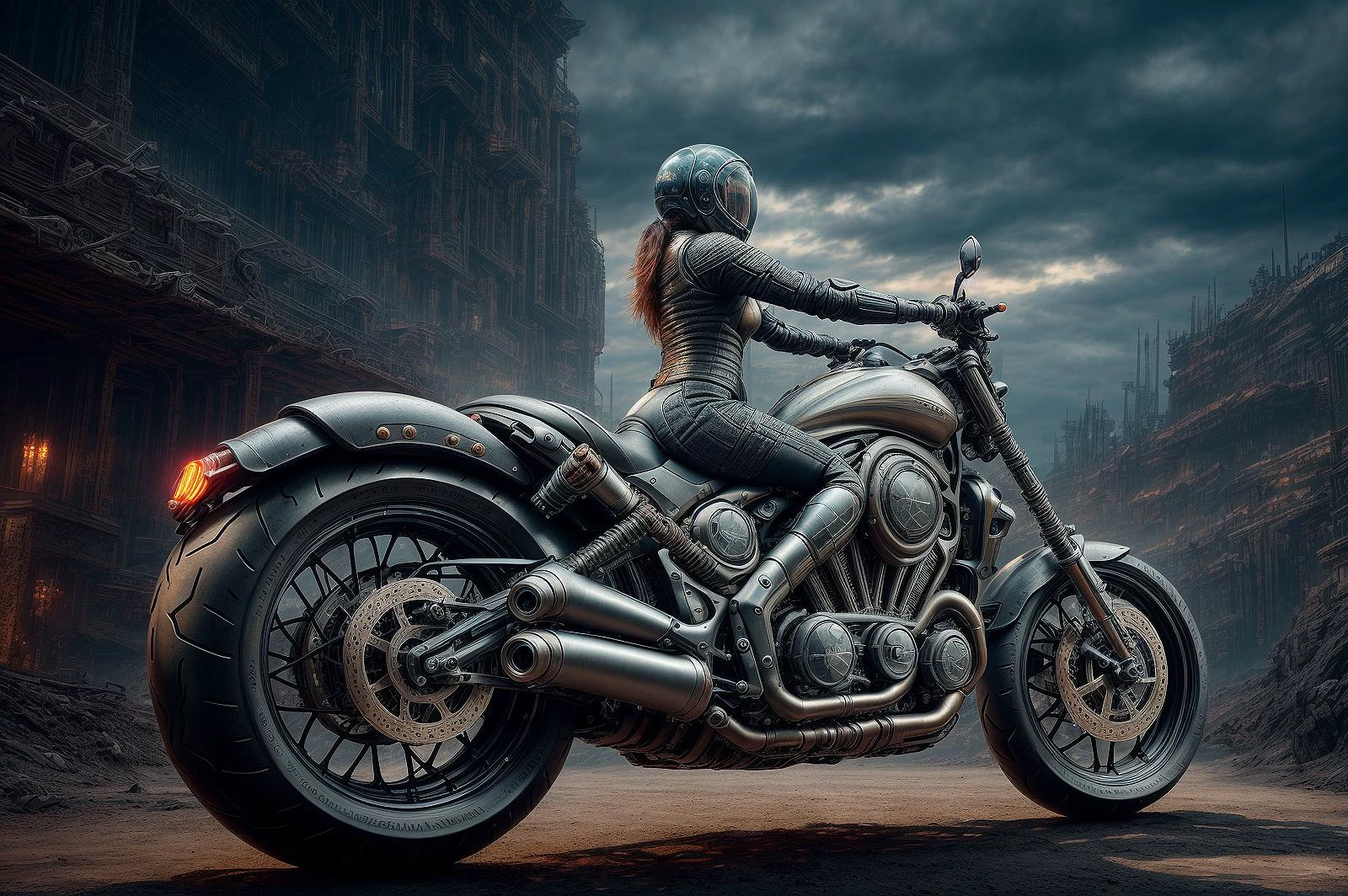 a female biomechanical creature riding a motorcycle in a post-apocalyptic desert, photorealistic, hd, dramatic lighting, Intricate, vibrant colors, highly detailed, centered, sharp focus, RAW photo, high quality, film grain, 8k uhd, dslr, f4, Fujifilm XT3, Luis Royo style <lora:LowRA:0.5> <lora:more_details:0.5> ulzzang-6500