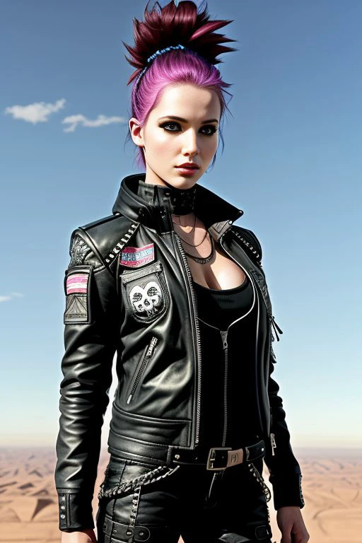 cute punk scull girl, is skydiving in the sky with, mad max jacket, renaissance, cables on her body, hyper realistic style