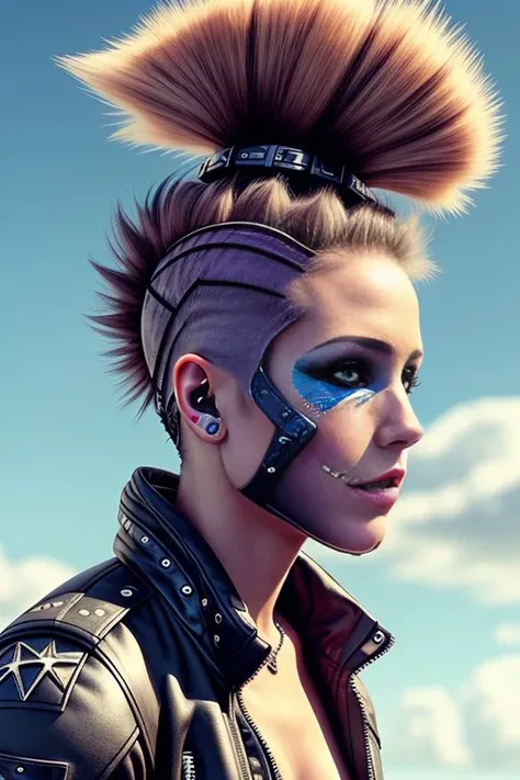 cute punk scull girl naked in stings, is skydiving in the sky with, mad max jacket, renaissance, cables on her body, hyper realistic style