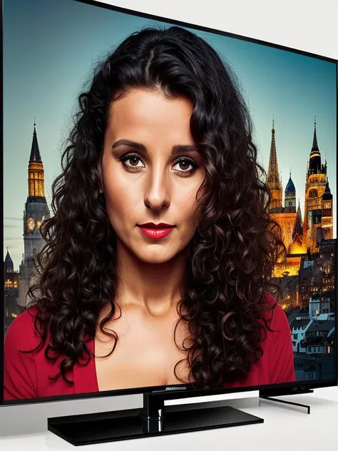 photo of FaustineBV1, a black haired woman, modelshoot style, photo of the most beautiful artwork in the world, Intricate, High Detail, Sharp focus, dramatic, ((standing on the TV show)), ((public in the background)), (looking at viewer), (detailed pupils:1.3), (modern outfit:1.2), (closeup), (red lips), (eye shadow), RAW photo, film still, award winning scene, interesting setting, detailed background, (high detailed skin:1.2)