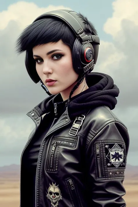 cute punk scull girl, is skydiving in the sky with, mad max jacket, renaissance, cables on her body, hyper realistic style, oil painting
