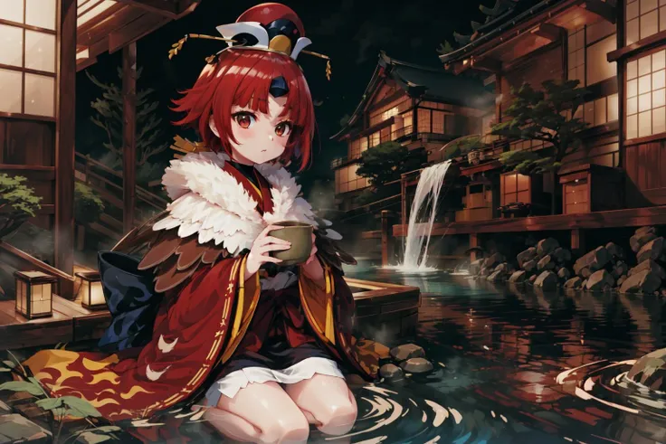 masterpiece,best quality,1girl,Beni_Enma,short hair,bangs,parted bangs,red hair,wide sleeves,long sleeves,japanese clothes,hat,sleeves past wrists,hot spring,japanese architecture,<lora:beni:0.7>,