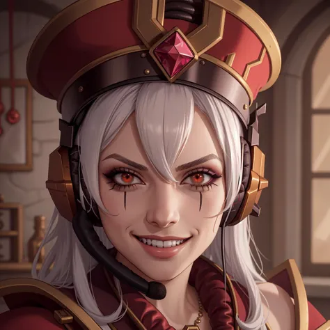 (masterpiece, high quality:1.1), extremely detailed, ambient,
SallyWhitemane, 1girl, mature female, (close-up:1.3), face, 
looking at viewer, happy, teeth, grin, smirk, smug,
white hair, long hair, red eyes, jewelry, (eyeshadow:1.1), faceprint,
hat, (headphones:1.2), (headset:1.2), 
dungeon room, indoors,
<lora:SallyWhitemane:0.9> <lora:just_as_planned:0.1> just_as_planned