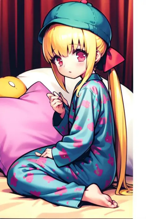 <lora:Linear:1> Linear, 1girl, pajamas, solo, barefoot, stuffed toy, stuffed animal, pillow, hat, ponytail, sitting, teddy bear, 
masterpiece, high quality, very_high_resolution, large_filesize, full color,