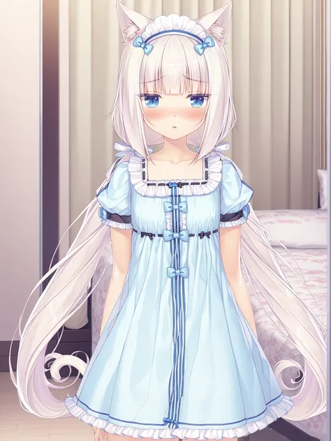 <lora:Vanilla-SDXL:0.975>,xiangcao \(nekopara\),xiangcao, cat ears, white hair, long hair, low twintails, blue eyes, slit pupuls, maid, looking at viewer, detailed eyes, standing, nightdress, bedroom, shy, blushing, masterpiece, best quality