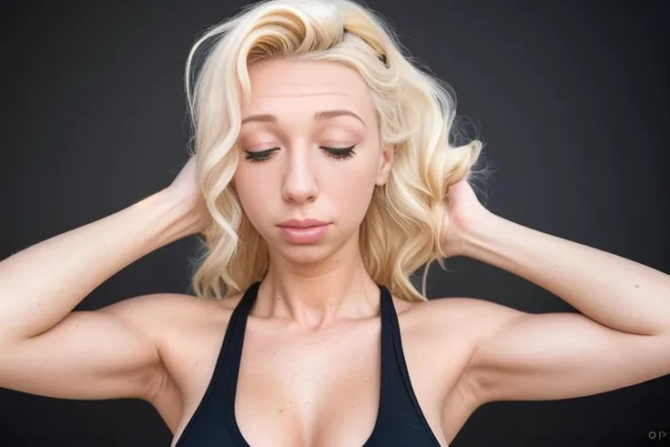 a portrait of DEN_nancey in front of a [plain black background] wearing a black tank top, collarbone, [headshot], [centre frame], looking at the camera, facing the camera,
[eyes closed screaming], dynamic lighting, mole above her lip on the right,
photorealistic, high detail, detailed, masterpiece, 8k, highres, flawless, colour, professional
