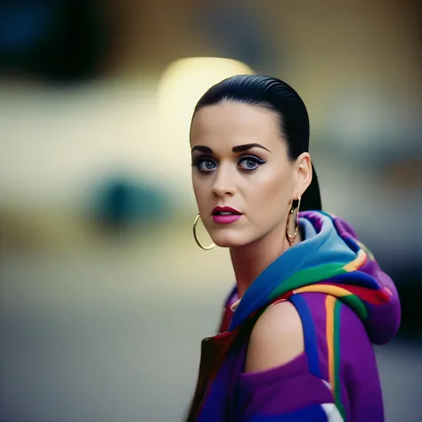 KatyPerry, photograph, Girl, wearing Nomex Hoodie, Strolling pose, Complementary Earrings, Choker, tilt shift, Sad, volumetric lighting, film grain, Kodak gold 200, telephoto lens, Spirals,  <lora:KatyPerrySDXL:1>