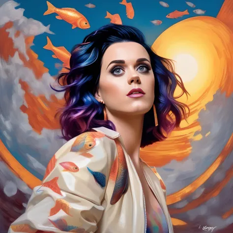 KatyPerry, art by Loish,art by J.C. Leyendecker, photograph, Female, [Holy|Rusty] hair styled as Side swept, [lava pit|street], Sun in the sky, Sony A9 II, Fish-eye Lens, Electic Colors,  <lora:KatyPerrySDXL:1>