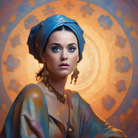 KatyPerry, art by Donato Giancola, photograph, [Twisted:Messy:11] [Mughal:Dark ages:16] Woman expression is Cozy, at Sunrise, equirectangular 360, Screen print, film grain, Kodak portra 800, Depth of field 270mm, stylized, Dota style,  <lora:KatyPerrySDXL:1>