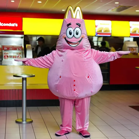 ukj character, best quality, hilarious scene at mcdonalds, pink face, real photo, costume <lora:PATRICK_sdxl_ukj_E5:1>