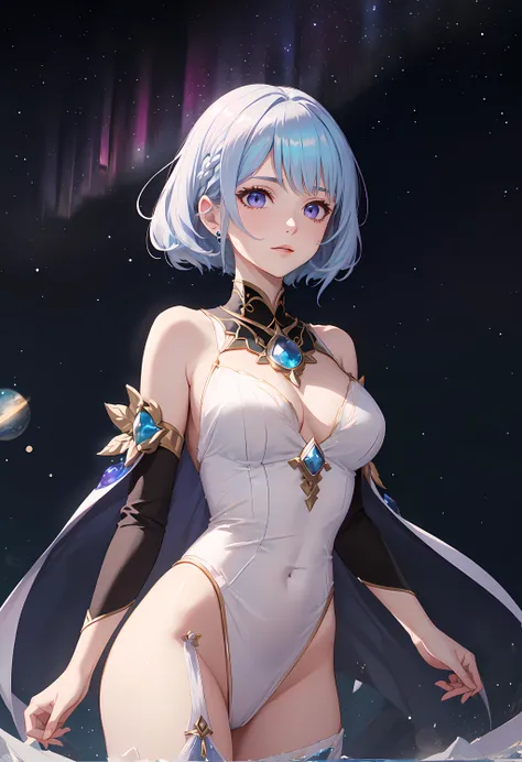 Appearance: Iridescent silver hair with hints of blue and purple, eyes that shine like distant galaxies, (nude), large breasts, the night sky.
Abilities: Astromancer, manipulates celestial energies, can channel starlight for healing and cosmic power for offensive spells.
Personality: Dreamy and contemplative, radiates a calming presence, deeply connected to the universe, values harmony and balance.
Backstory: Aurora was born under a rare alignment of stars, marking her as an astromancer with a special connection to the cosmos. Raised by celestial scholars, she embarks on a pilgrimage to ancient observatories to learn the secrets of the stars. As a darkness begins to spread across the land, she joins forces with a diverse group of individuals to harness her celestial powers and restore the celestial balance. Through her journey, Aurora uncovers the forgotten history of her people's celestial magic and becomes a guiding light, using her unique abilities to illuminate the path towards a harmonious future.