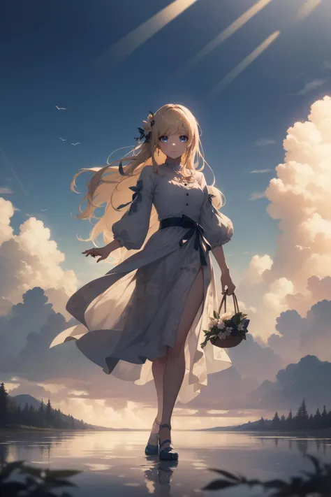 (kawaii background:1.3), (extremely detailed fine touch:1.3), (hard light, studio light, light rays, dappled light, reflection, shadows, ray tracing:1.0), ///, girl, long hair, light blonde, Princess, sky, cloud, flower, glass shoes