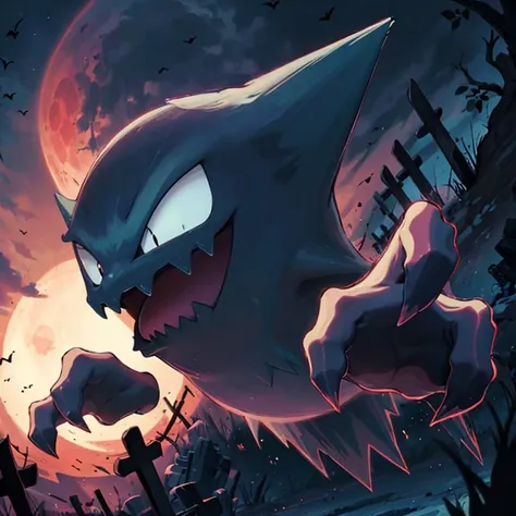 ((masterpiece,best quality)),
<lora:Haunter_Pokemon_Anime:0.9>, Haunter_Pokemon, floating, no humans, pokemon \(creature\),
solo, smiling, looking at viewer, dark purple,
graveyard, red moon,
cinematic composition,