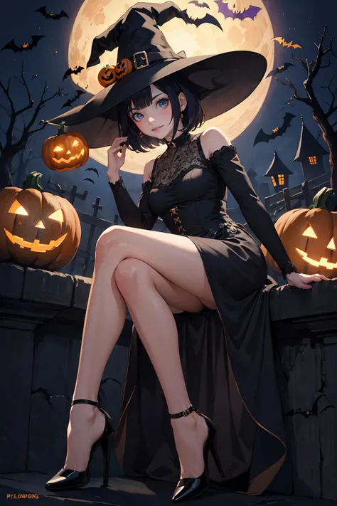 1girl, (masterpiece:1.3), (high resolution), (8K), (extremely detailed), (4k), (pixiv), perfect face, nice eyes and face, (best quality), (super detailed), detailed face and eyes, (solo), textured skin, absurdres, highres,
miou, 1girl, solo,bob cut,smirk face,short hair,looking at viewer,
(Halloween:1.2),witch hat,black dress,moon, candle,pumpkin, night,thighs,siting,high heels,from below,
<lora:Halloween:0.7> <lora:miouv2:0.4>