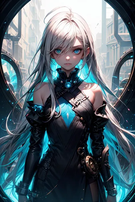 gorgeous girl, solo, white hair, (ahoge:1.1), (absurdly long hair:1.1), (flat chest:1.1), expressionless eyes, emotionless, cold attitude, (steampunk magic portal to another dimension), galaxy, depth of view, big blue eyes, white-blue two tone hair, gloss shine, skin texture, (hyperrealism, soft light, sharp), artistic photoshoot, looking at viewer, large sleeves, bare shoulders, glow, evil, corruption, armored, futuristic,<lora:r1ge - AnimeRage:0.2>,  <lora:add_detail:1>
