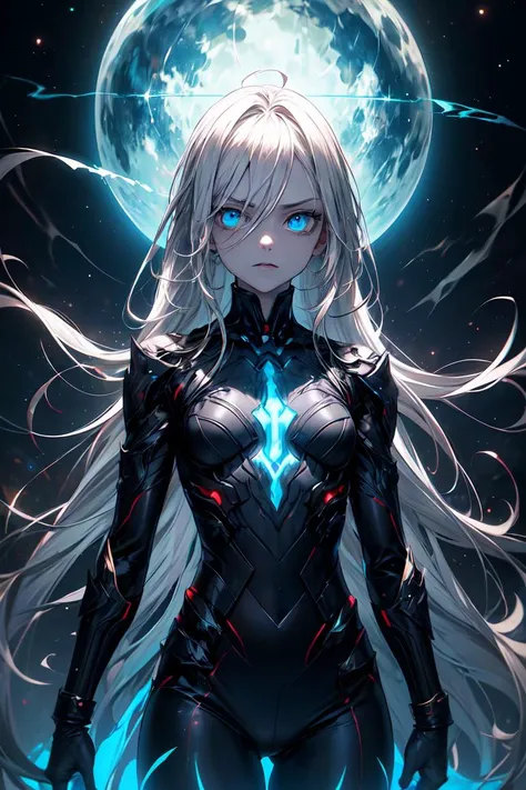 masterpiece, best quality, space, galaxy, galaxy dress, 1girl, flat chest, blue eyes, very long hair, white hair, ahoge, expressionless eyes, pale skin, cold attitude, goddess, blue aura, powerful, deity, half-closed eyes, skittering eyes, serious, futuristic, bodysuit, glow, armored, galaxy cloak, poster, blue electricity, energy, <lora:r1ge - AnimeRage:0.3>, <lora:Gloomifier_TheDread_V1_LECO:1>, <lora:add_detail:1>