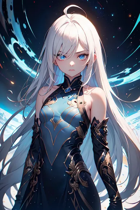 masterpiece, best quality, space, galaxy, galaxy dress, 1girl, flat chest, blue eyes, very long hair, white hair, ahoge, expressionless eyes, pale skin, cold attitude, goddess, blue aura, powerful, deity, half-closed eyes, skittering eyes, serious,  <lora:r1ge - AnimeRage:0.3>
